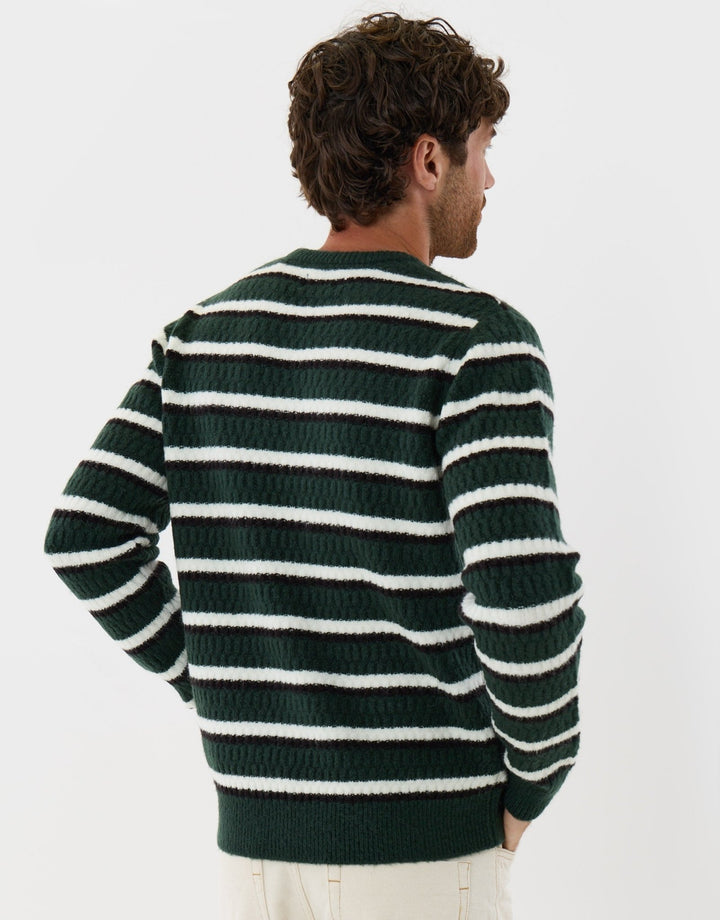 Heavyweight Crew Neck Jumper in Forest Green Stripe