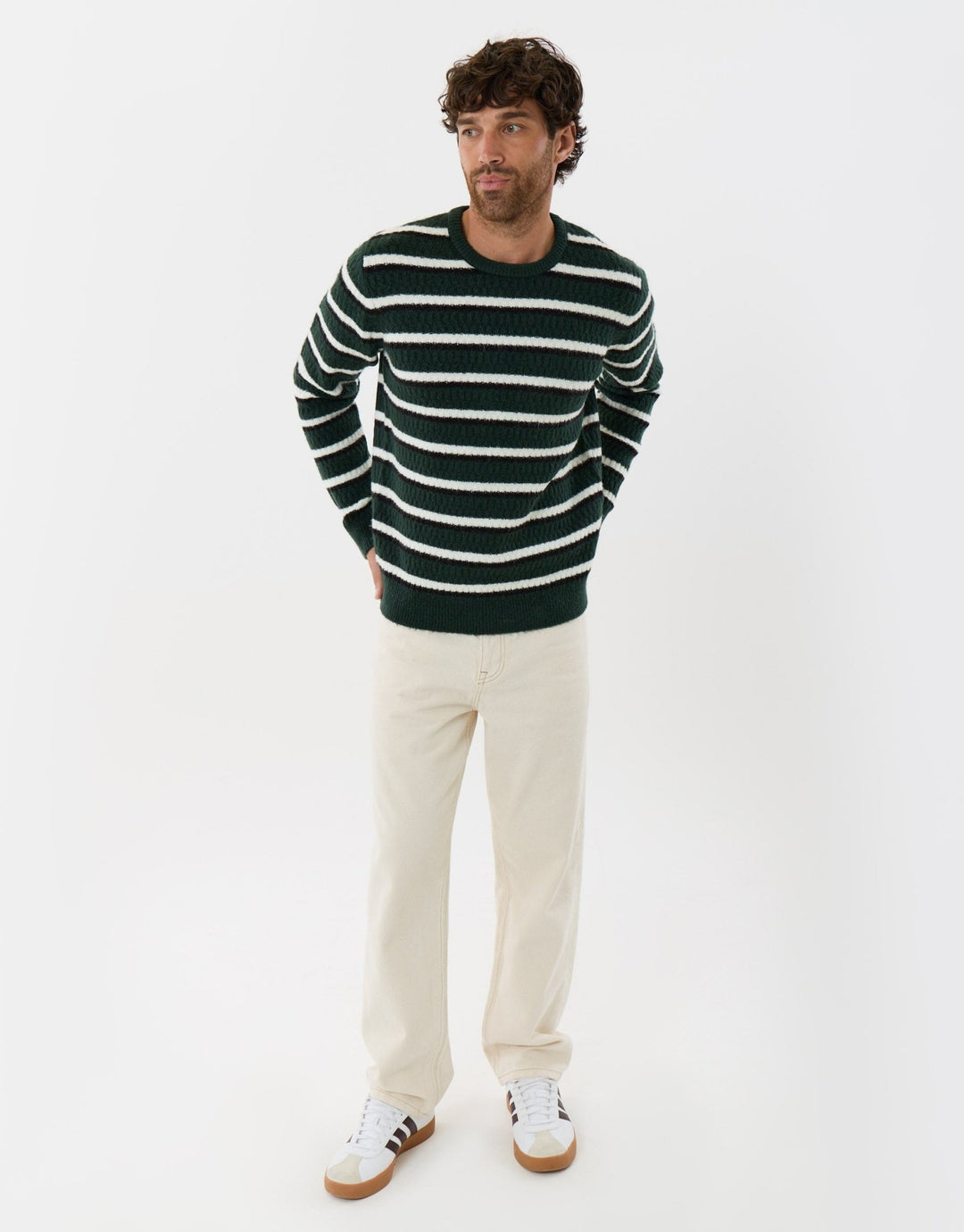 Heavyweight Crew Neck Jumper in Forest Green Stripe