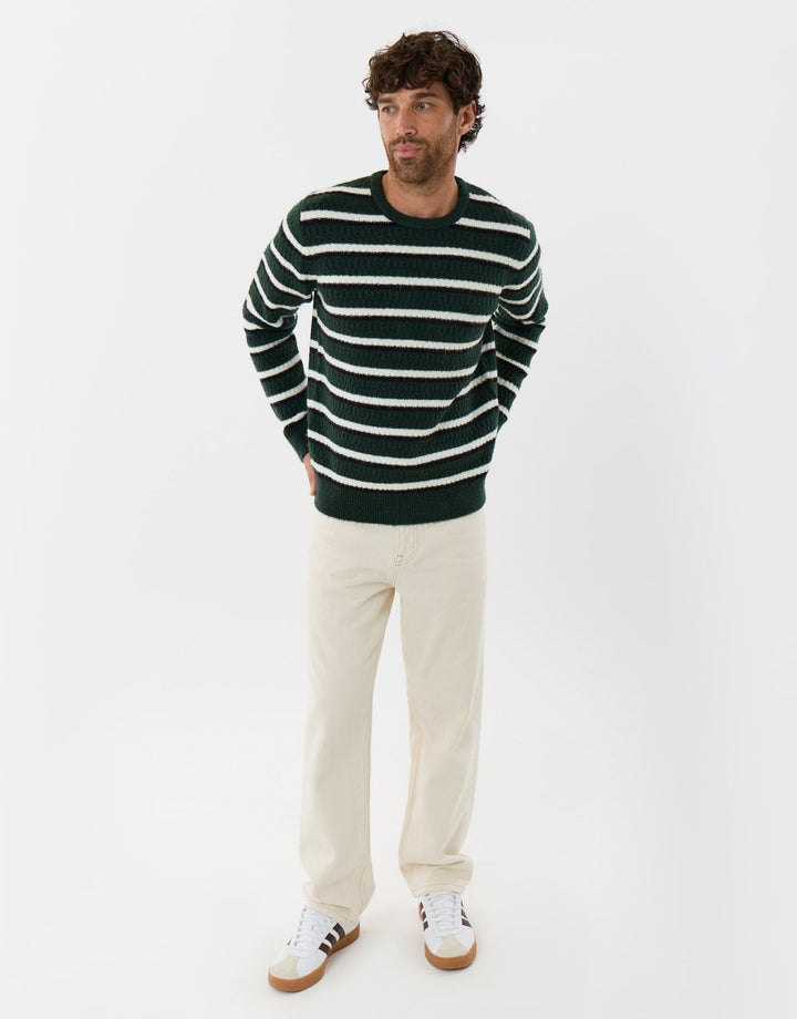 Heavyweight Crew Neck Jumper in Forest Green Stripe