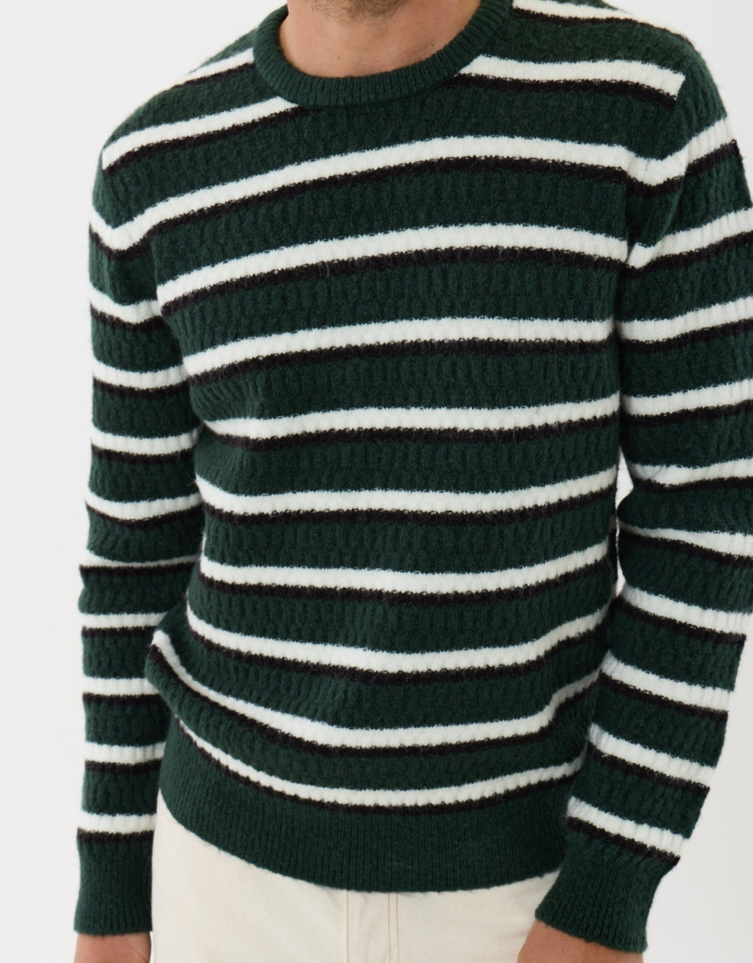 Heavyweight Crew Neck Jumper in Forest Green Stripe