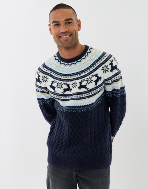 Threadbare Reindeer Fairisle Cable Knit Christmas Jumper in Navy - front view