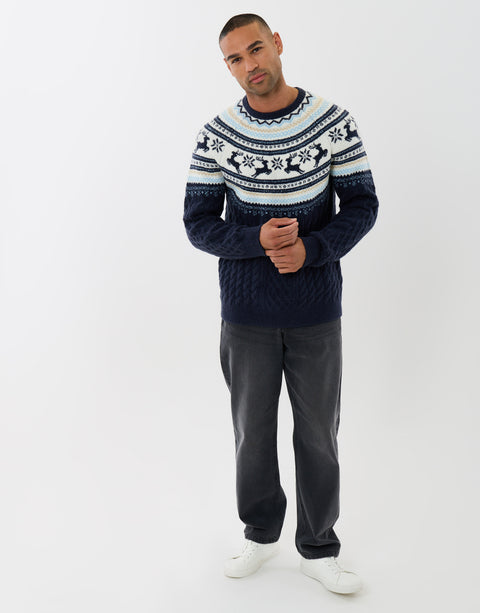 Threadbare Reindeer Fairisle Cable Knit Christmas Jumper in Navy - full body