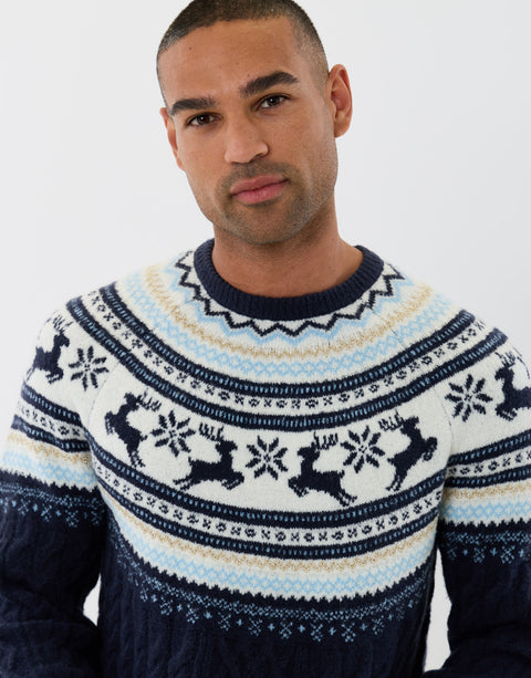 Threadbare Reindeer Fairisle Cable Knit Christmas Jumper in Navy - close up