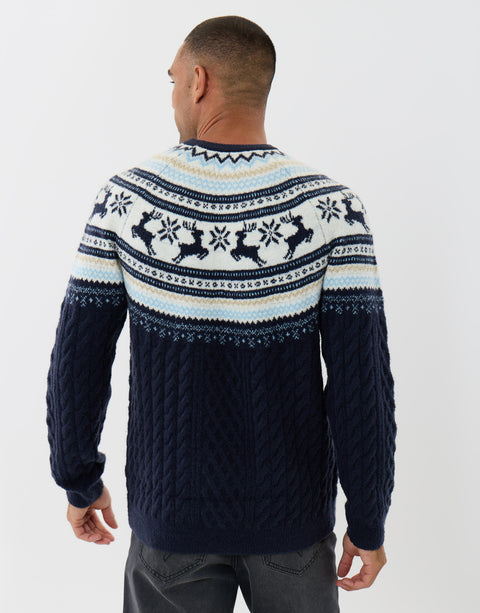 Threadbare Reindeer Fairisle Cable Knit Christmas Jumper in Navy - back view