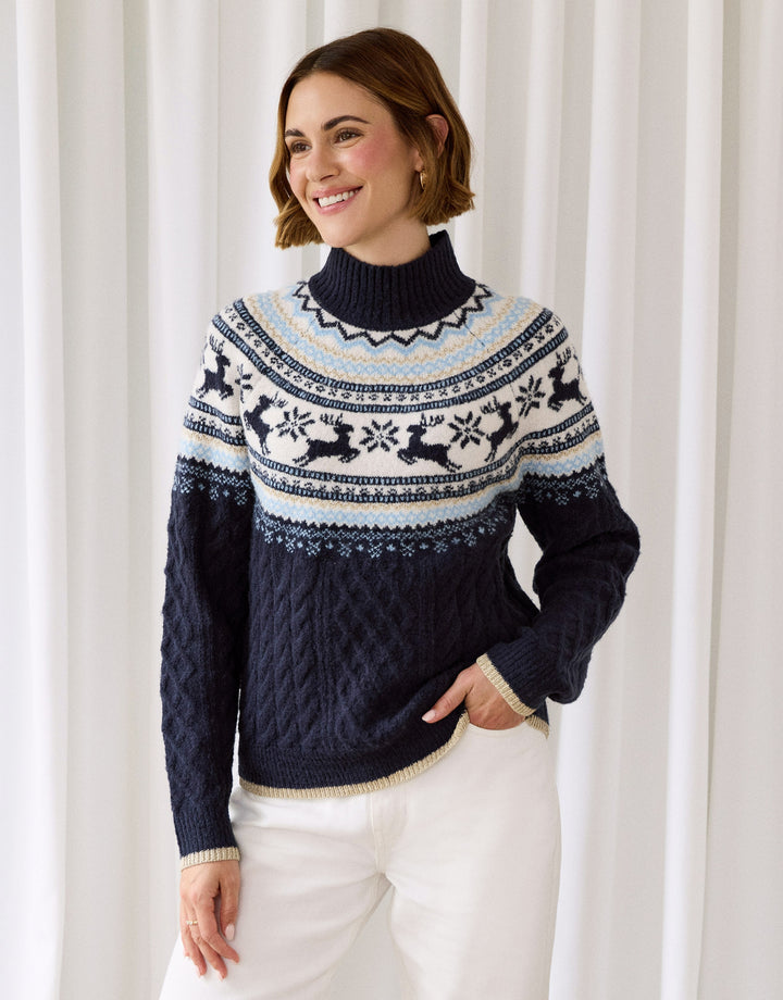 Reindeer Fairisle Cable Knit Christmas Jumper in Navy