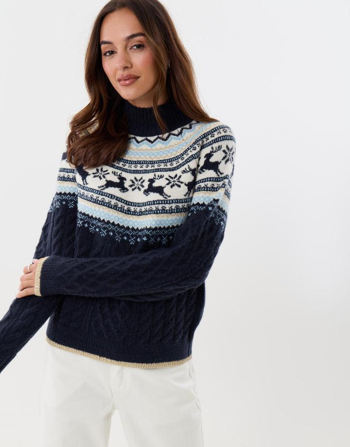 Reindeer Fairisle Cable Knit Christmas Jumper in Navy