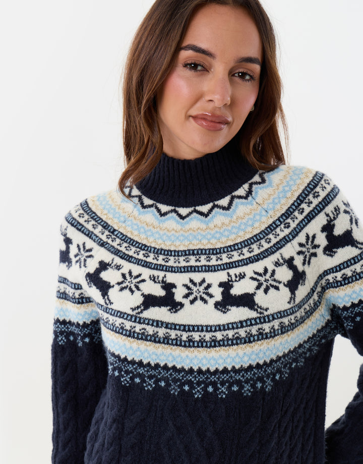 Reindeer Fairisle Cable Knit Christmas Jumper in Navy