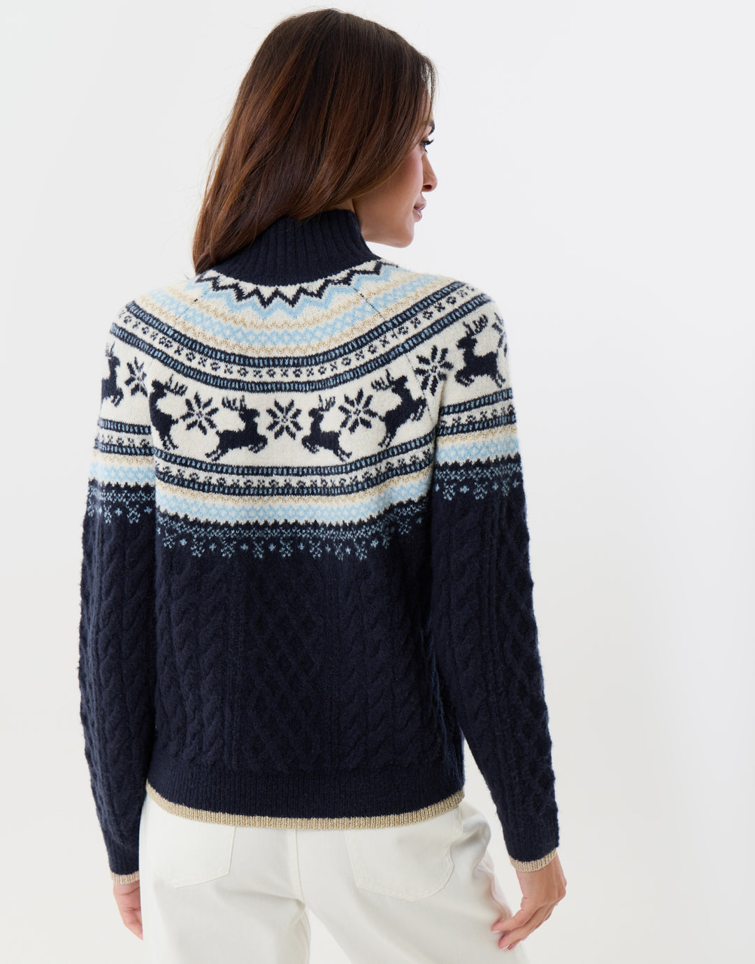 Reindeer Fairisle Cable Knit Christmas Jumper in Navy