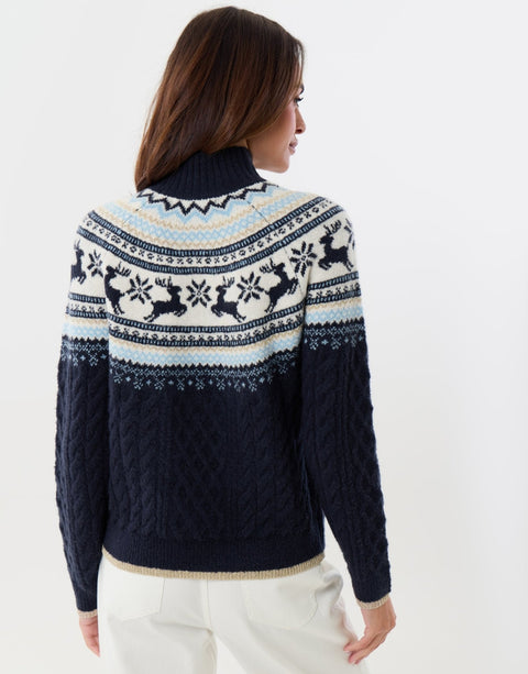 Threadbare Reindeer Fairisle Cable Knit Christmas Jumper in Navy - back view