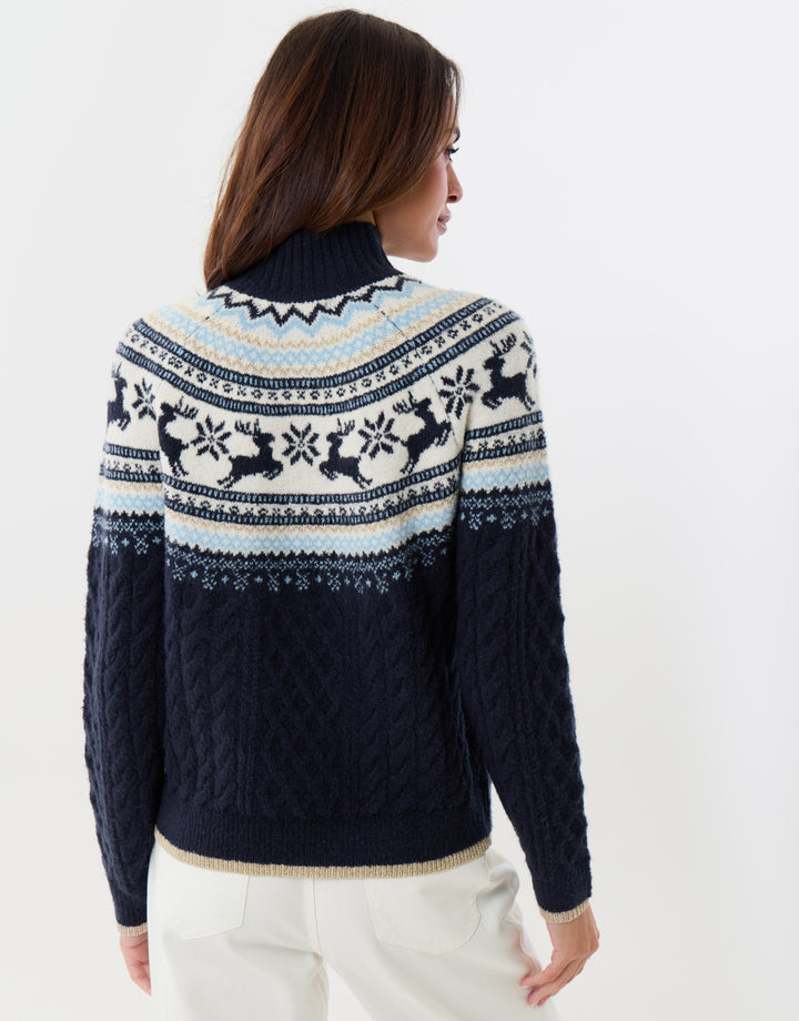 Reindeer Fairisle Cable Knit Christmas Jumper in Navy