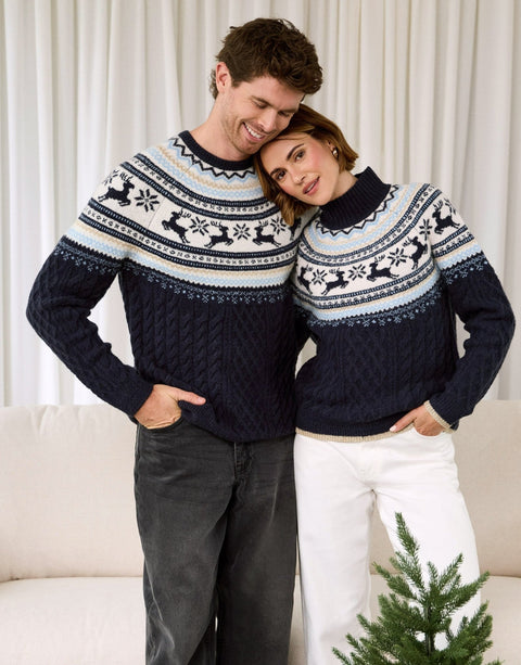 Threadbare Reindeer Fairisle Cable Knit Christmas Jumper in Navy - matching view