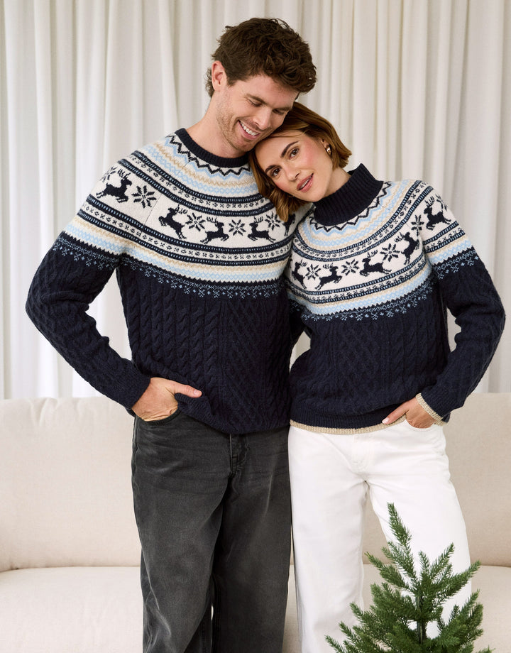 Reindeer Fairisle Cable Knit Christmas Jumper in Navy