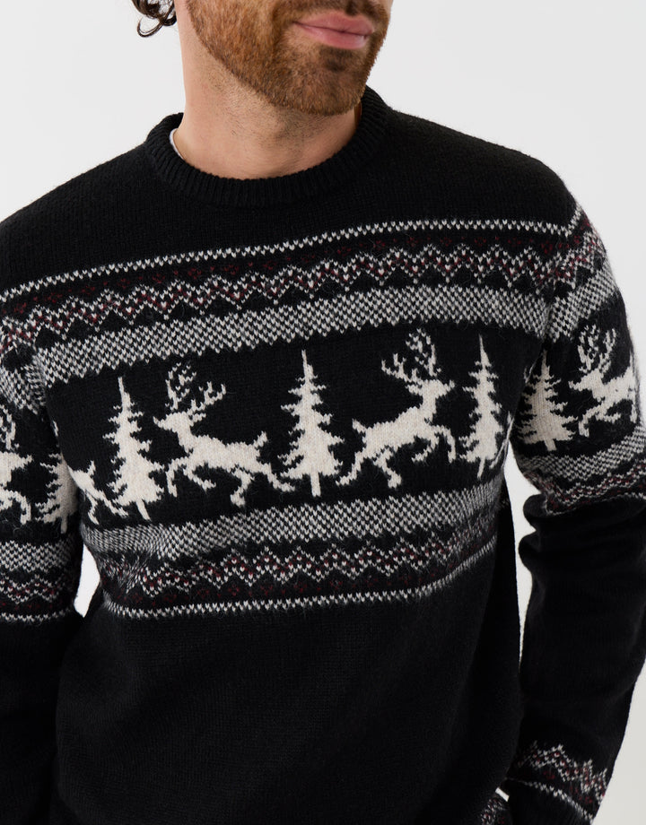 Reindeer Forest Fairisle Christmas Jumper in Black
