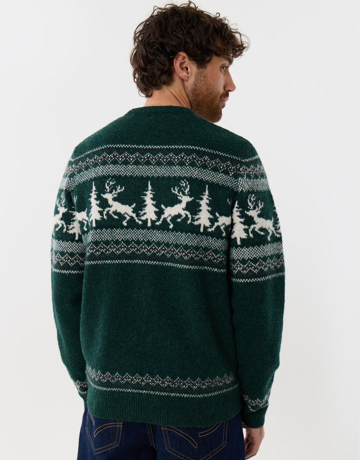 Reindeer Forest Fairisle Christmas Jumper in Dark Green