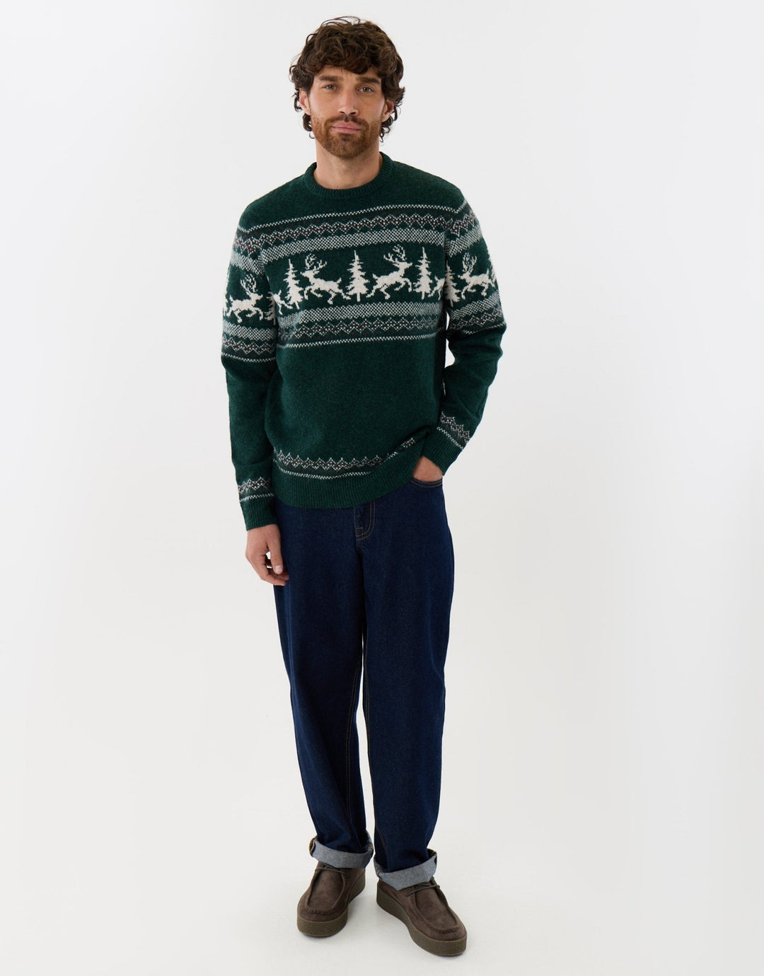 Reindeer Forest Fairisle Christmas Jumper in Dark Green