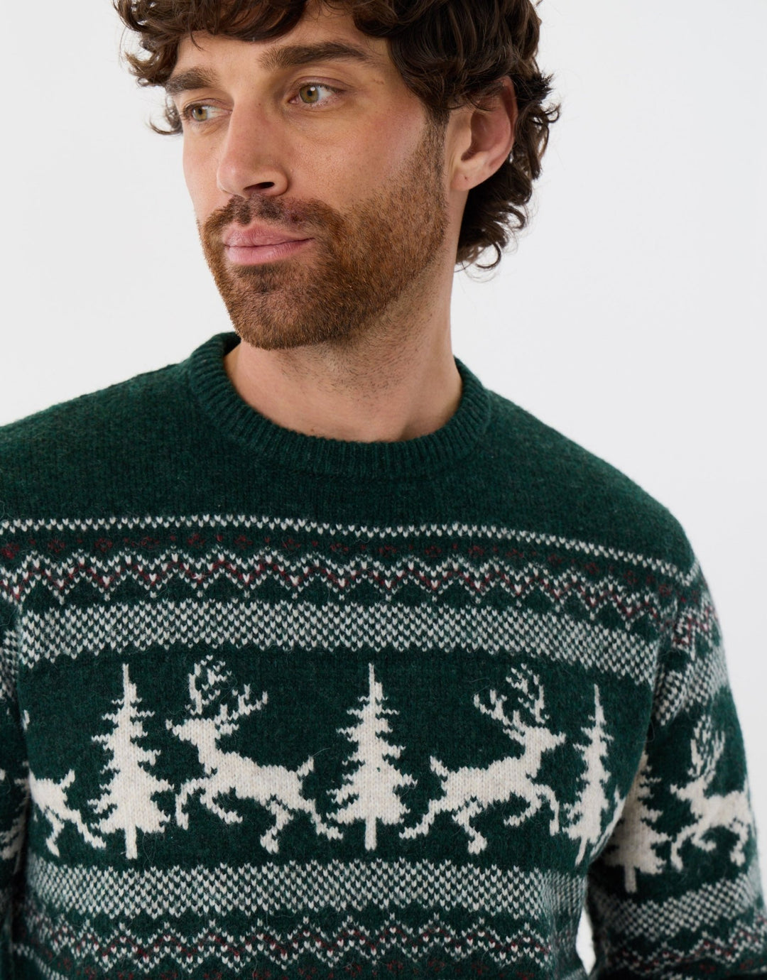 Reindeer Forest Fairisle Christmas Jumper in Dark Green