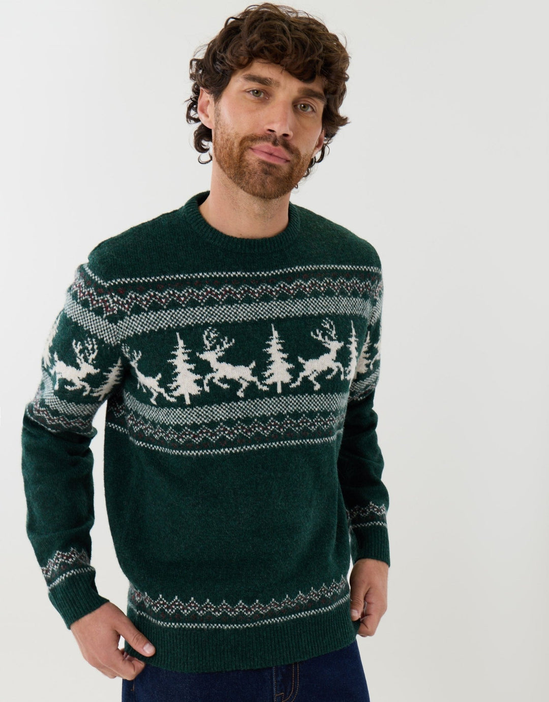 Reindeer Forest Fairisle Christmas Jumper in Dark Green