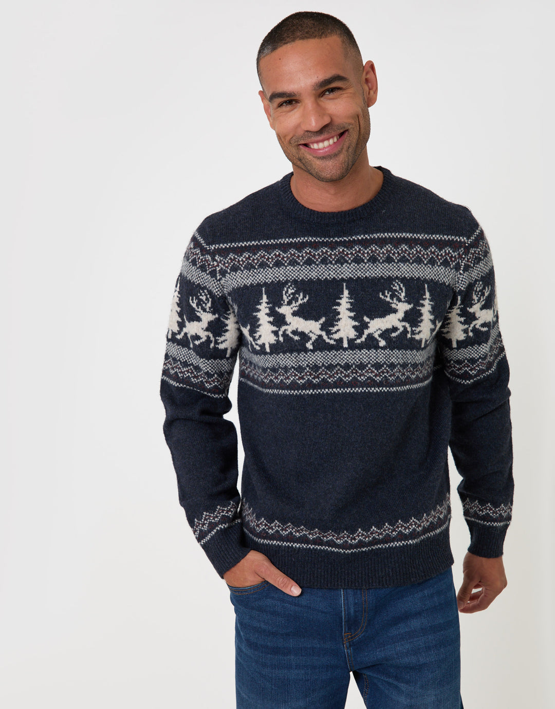 Reindeer Forest Fairisle Christmas Jumper in Navy