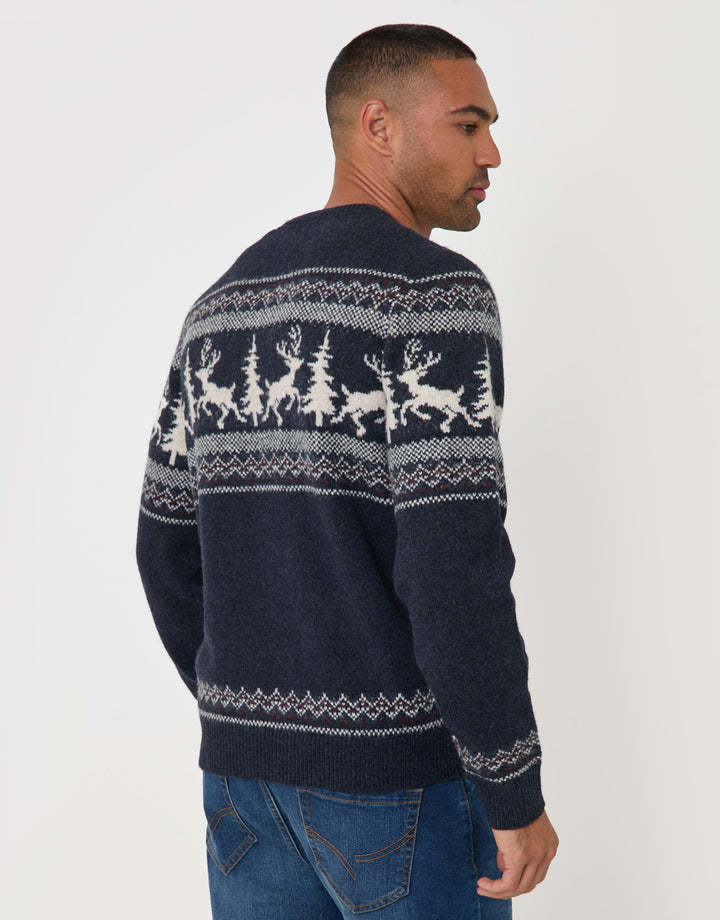 Reindeer Forest Fairisle Christmas Jumper in Navy