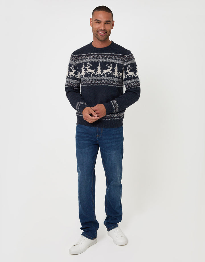 Reindeer Forest Fairisle Christmas Jumper in Navy