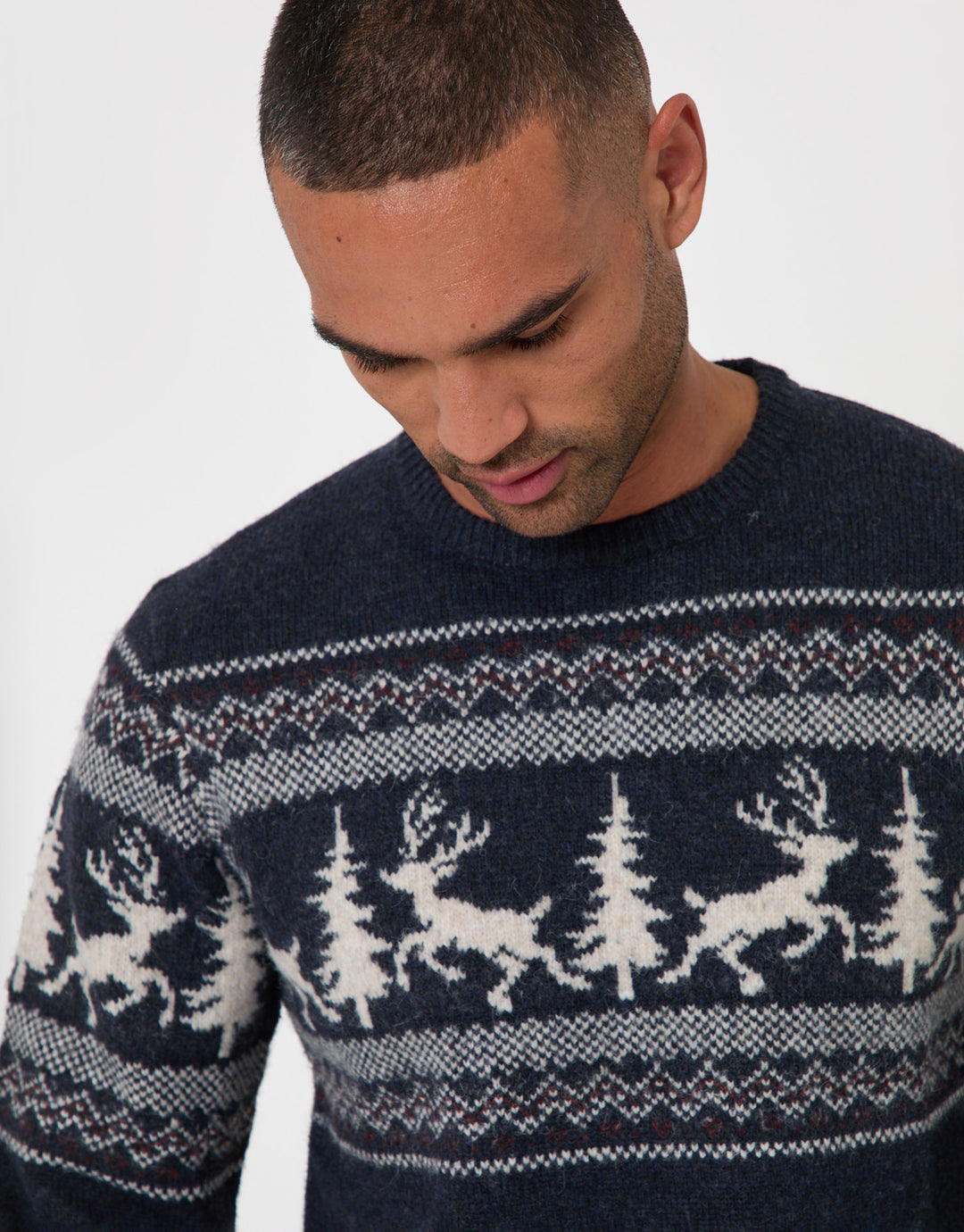 Reindeer Forest Fairisle Christmas Jumper in Navy