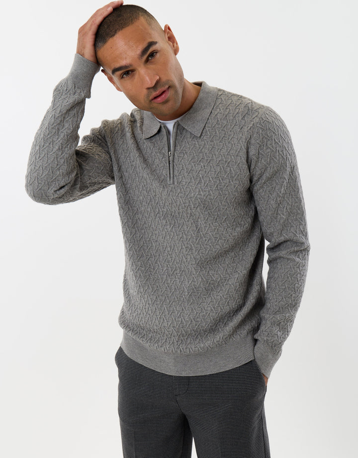Textured Long Sleeve Quarter Zip Polo in Grey Marl