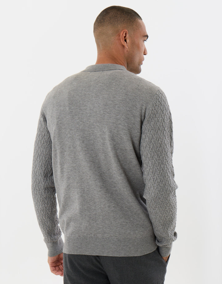 Textured Long Sleeve Quarter Zip Polo in Grey Marl
