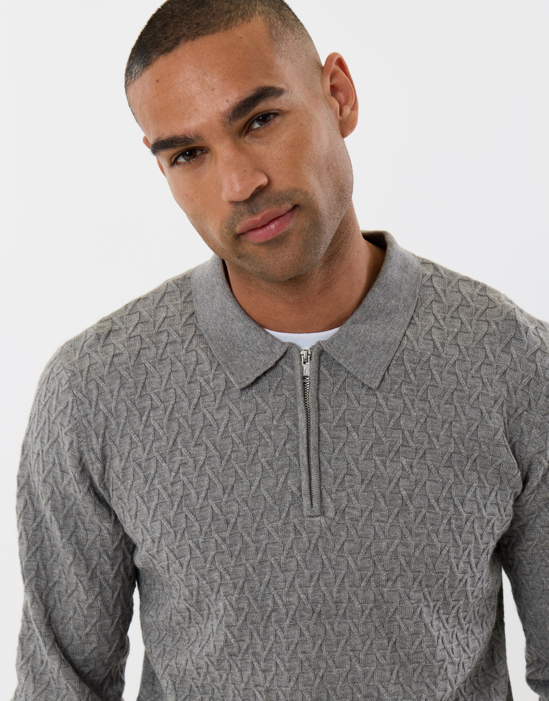 Textured Long Sleeve Quarter Zip Polo in Grey Marl