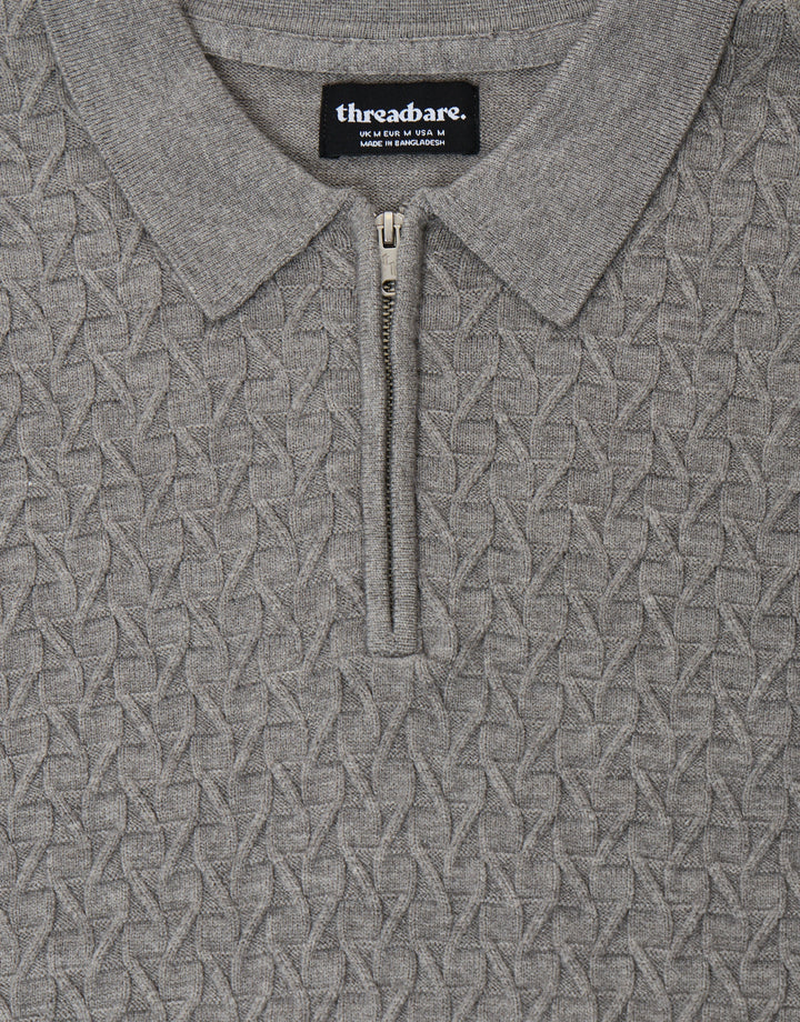Textured Long Sleeve Quarter Zip Polo in Grey Marl