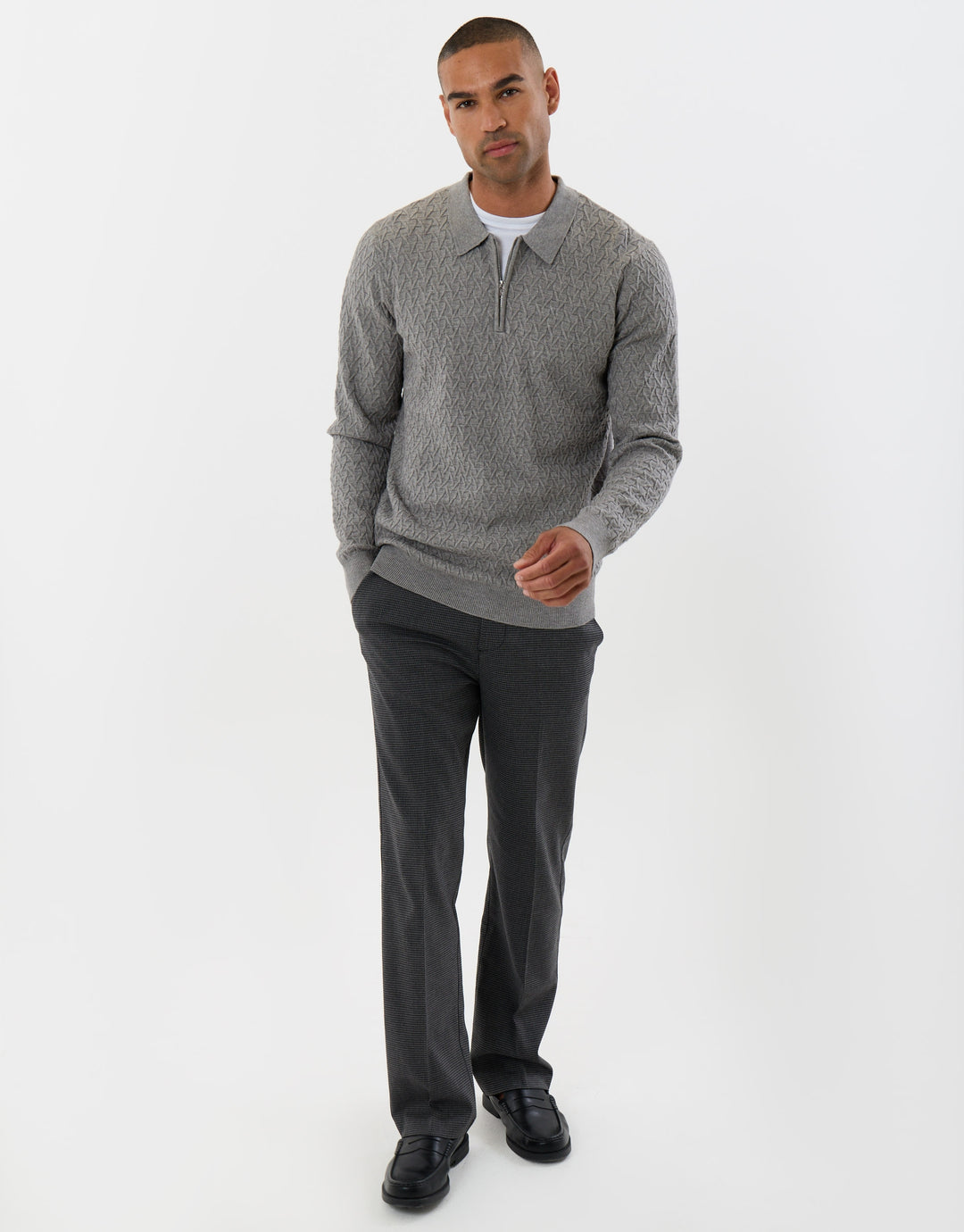 Textured Long Sleeve Quarter Zip Polo in Grey Marl