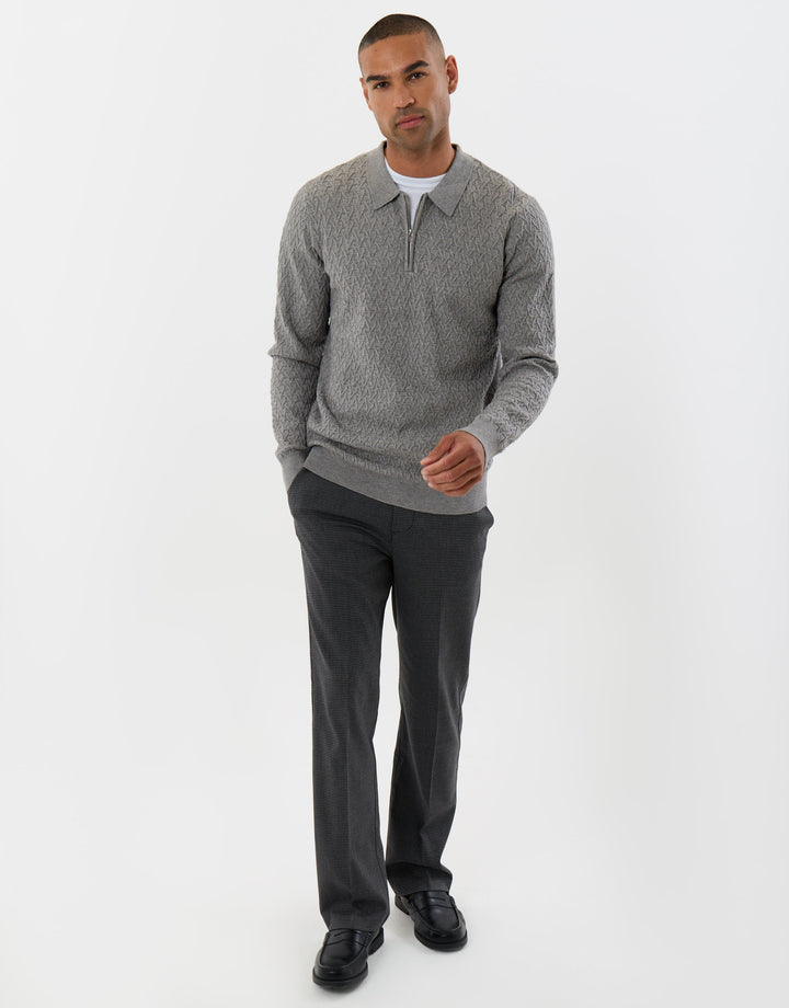 Textured Long Sleeve Quarter Zip Polo in Grey Marl