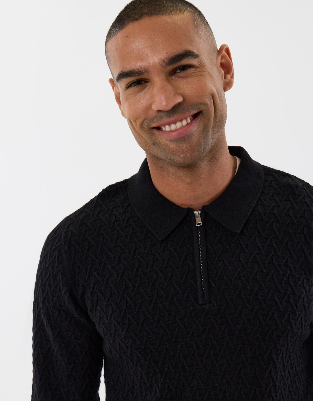 Textured Long Sleeve Quarter Zip Polo in Black