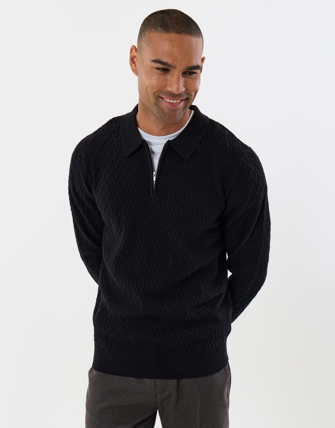 Textured Long Sleeve Quarter Zip Polo in Black
