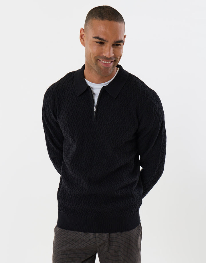 Textured Long Sleeve Quarter Zip Polo in Black