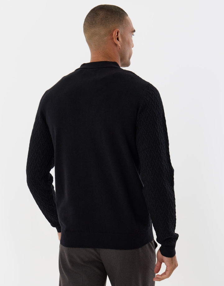 Textured Long Sleeve Quarter Zip Polo in Black