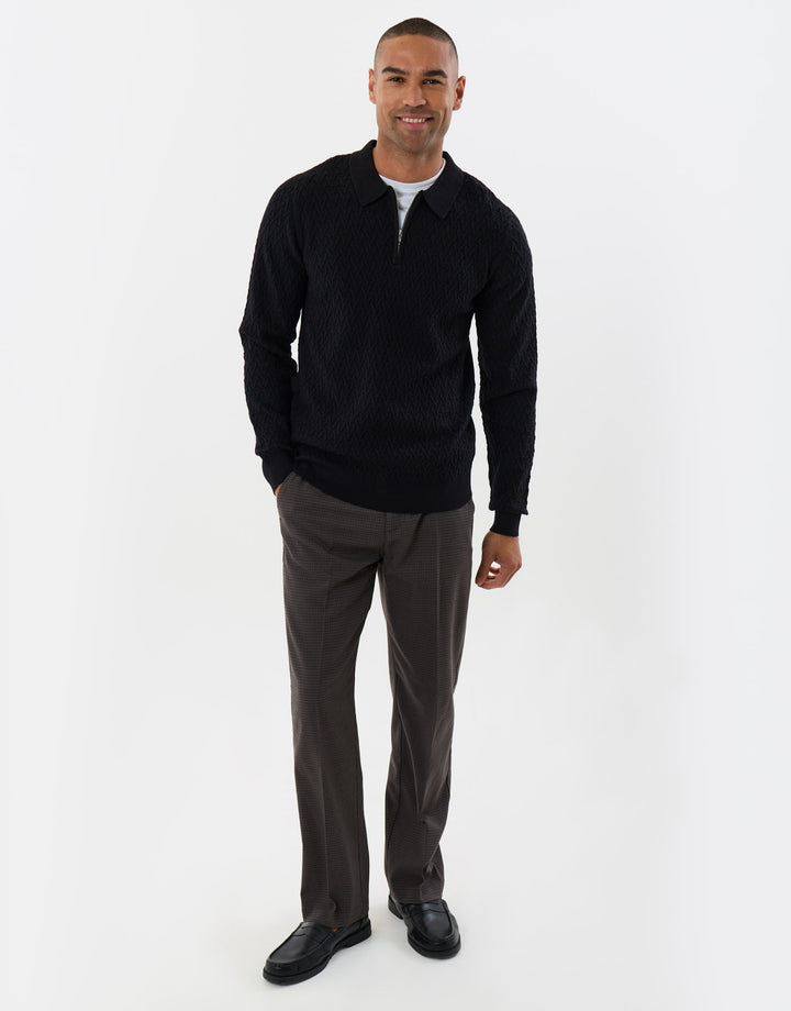 Textured Long Sleeve Quarter Zip Polo in Black
