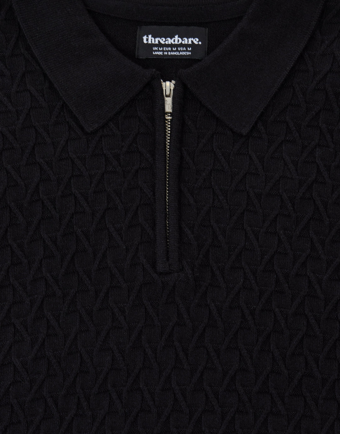 Textured Long Sleeve Quarter Zip Polo in Black