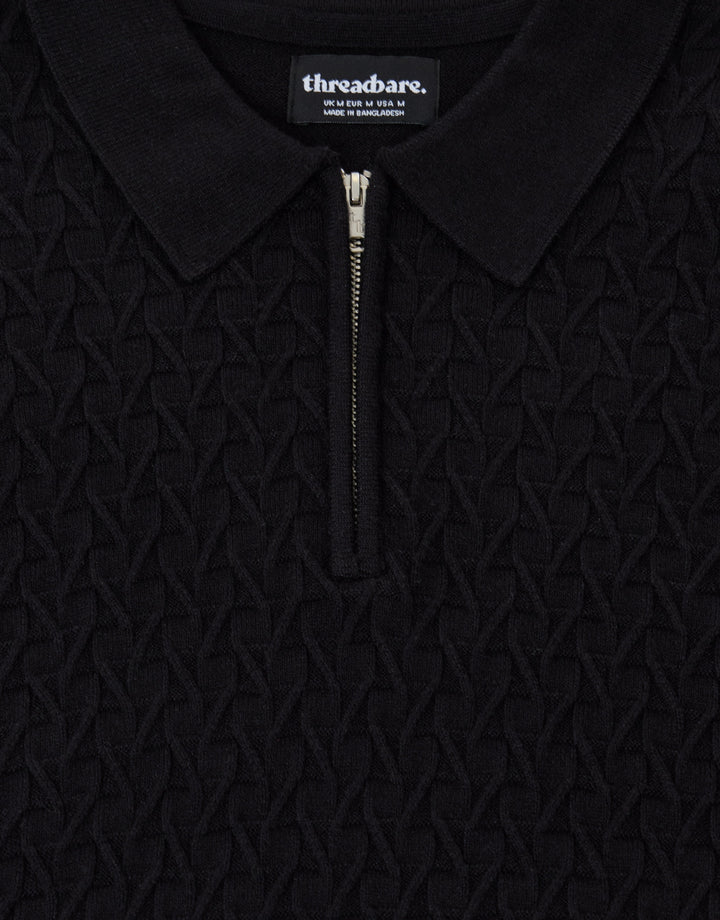 Textured Long Sleeve Quarter Zip Polo in Black