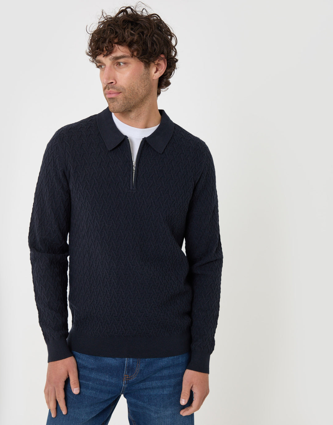 Textured Long Sleeve Quarter Zip Polo in Navy