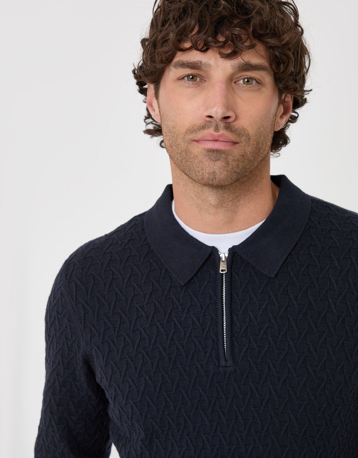 Textured Long Sleeve Quarter Zip Polo in Navy
