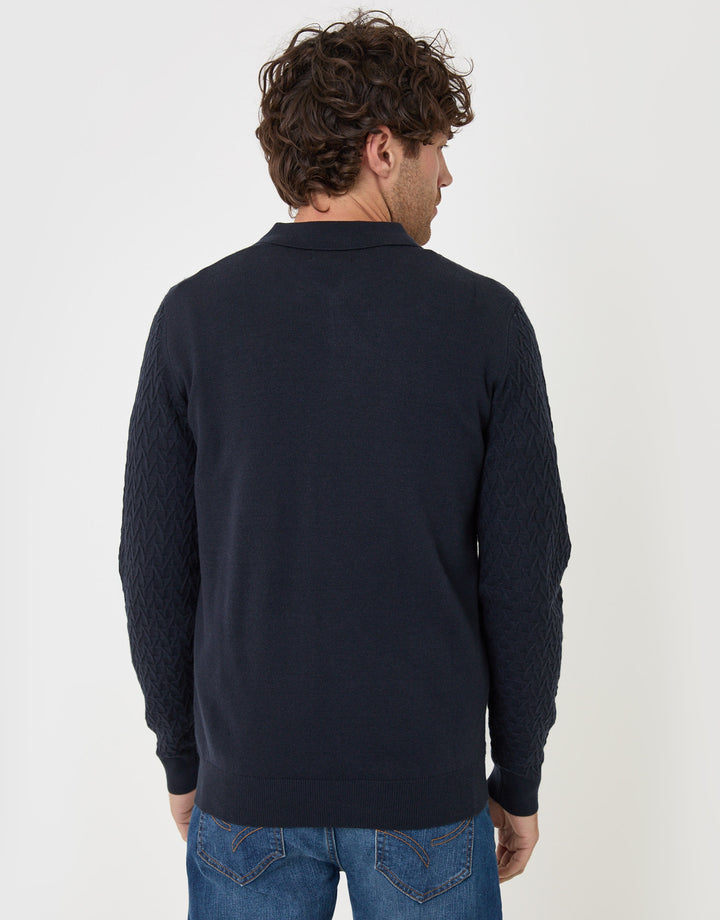 Textured Long Sleeve Quarter Zip Polo in Navy