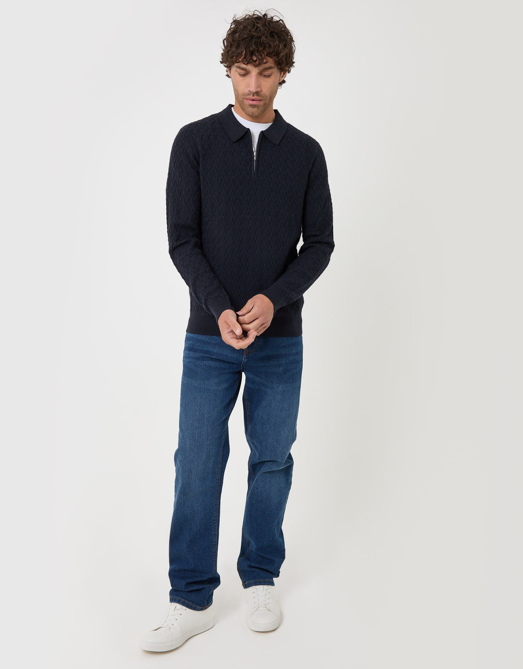 Textured Long Sleeve Quarter Zip Polo in Navy