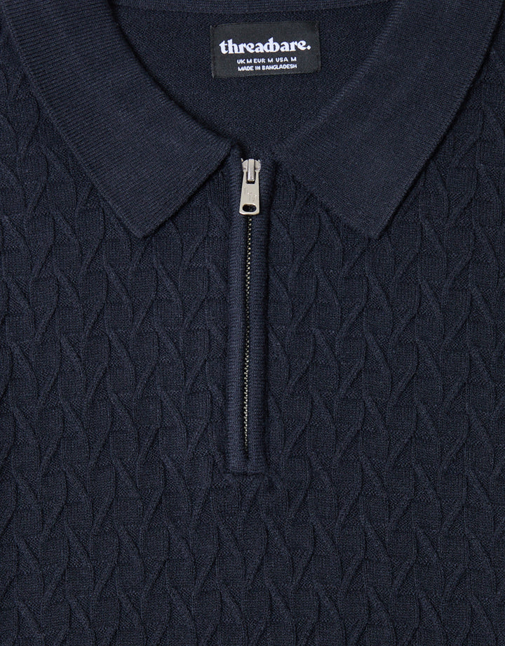 Textured Long Sleeve Quarter Zip Polo in Navy