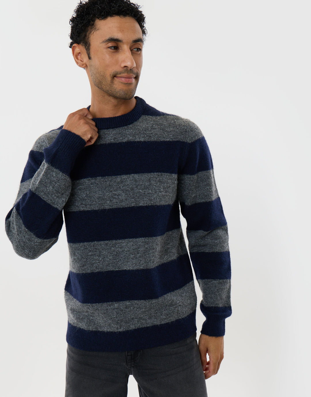 Knitted Crew Neck Jumper in Navy & Charcoal Stripe