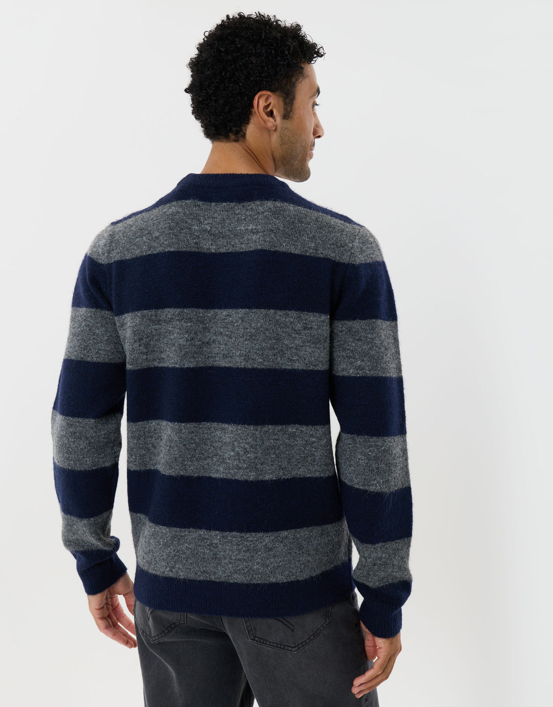 Knitted Crew Neck Jumper in Navy & Charcoal Stripe