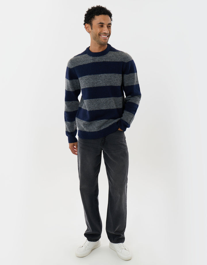 Knitted Crew Neck Jumper in Navy & Charcoal Stripe