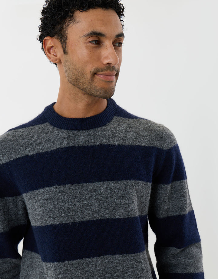 Knitted Crew Neck Jumper in Navy & Charcoal Stripe