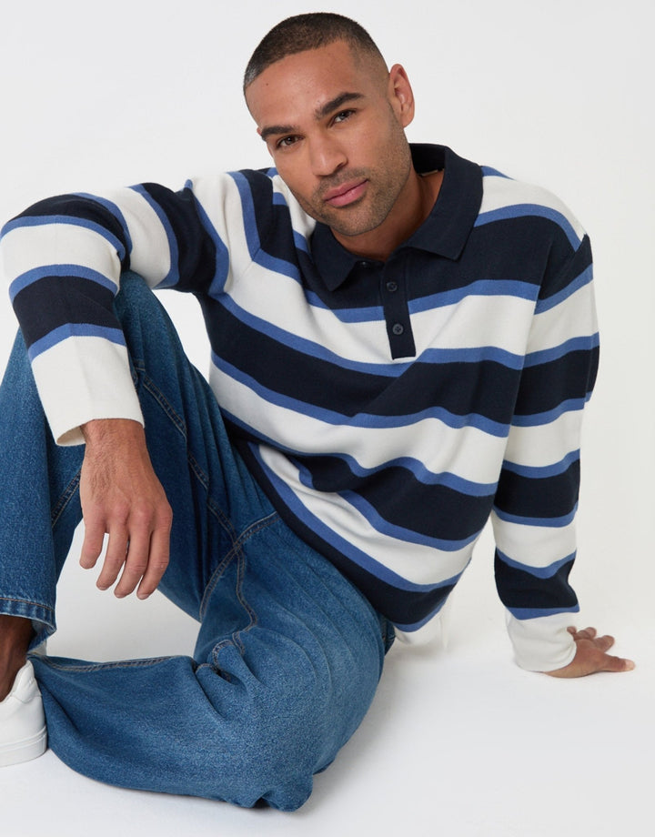 Relaxed Fit Knitted Rugby Polo in Navy Stripe