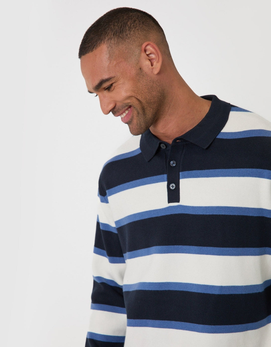 Relaxed Fit Knitted Rugby Polo in Navy Stripe