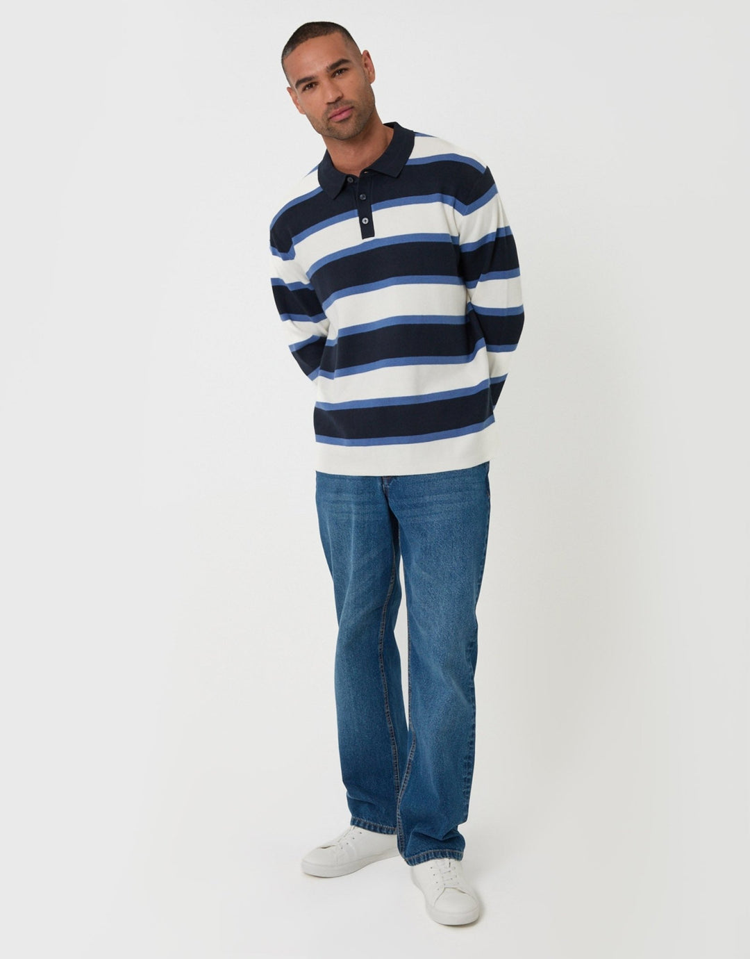 Relaxed Fit Knitted Rugby Polo in Navy Stripe